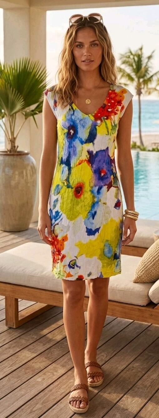 Jams World Artsy Watercolor Abstract Floral Print Cap Sleeve Women's M Dress